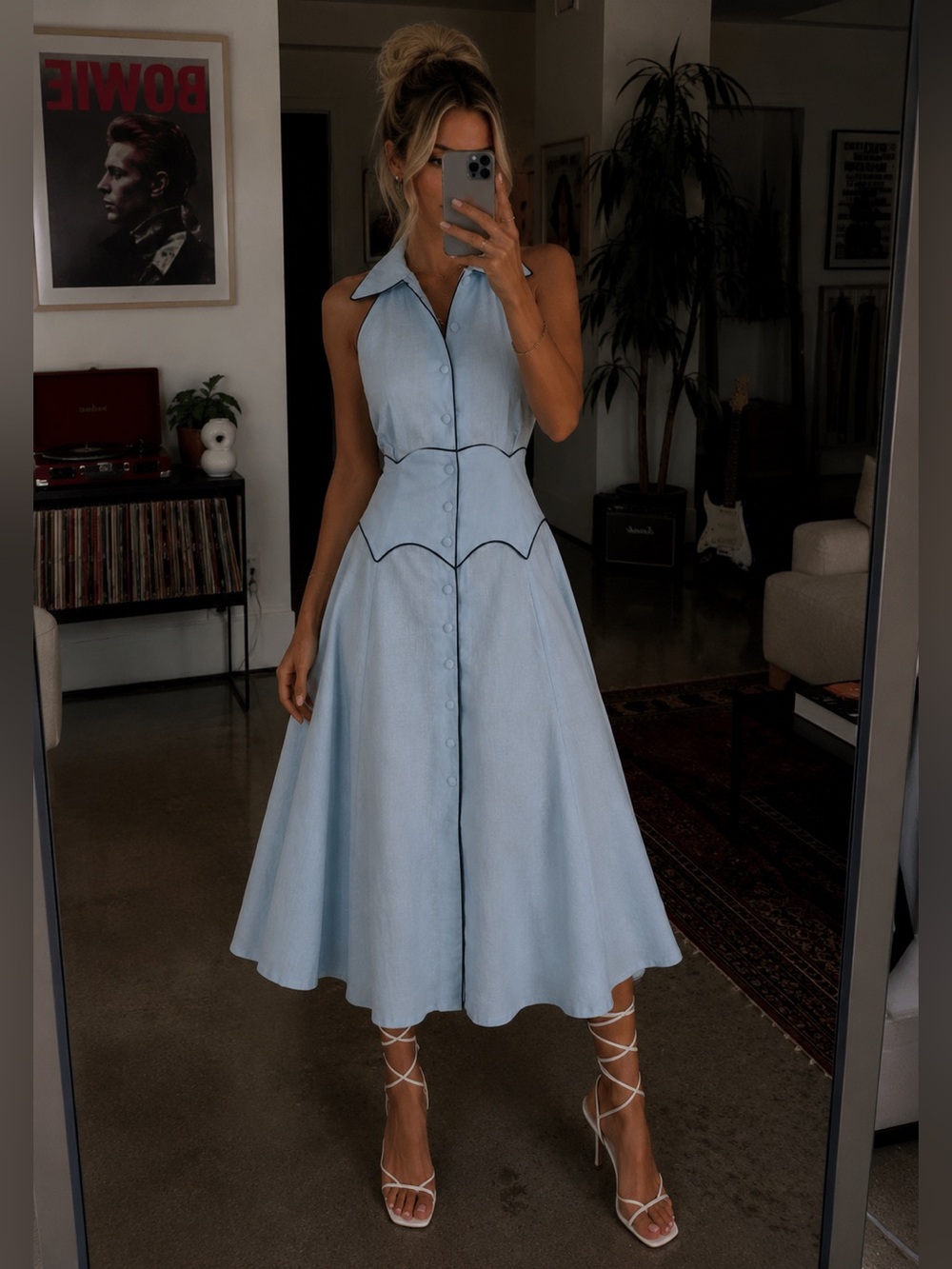Vita Grace Kalila Contrast Icon Pastel Blue Linen Maxi Dress Womens XS EUC